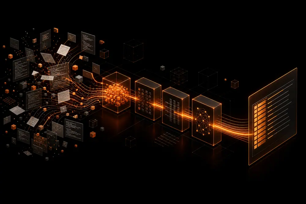 Minh họa 3D quy trình nén văn bản và dựng ngữ cảnh mã nguồn của Text Minify AI